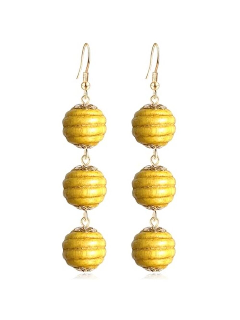 Unique Handmade Lightweight Long Three Nature Wooden Beaded Ball Dangle Drop